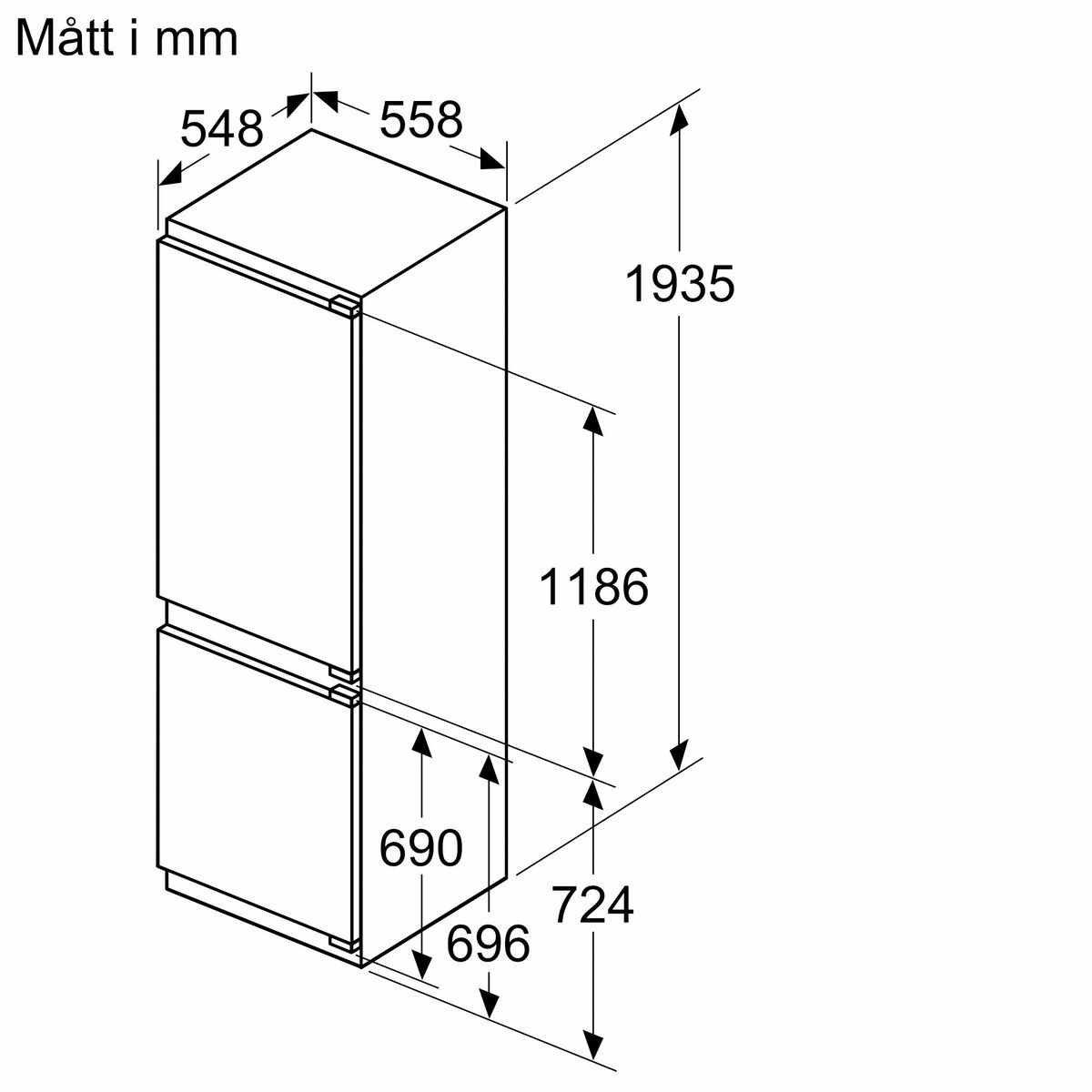 KIN96VFD0 Serie 4 integrert kombiskap 193,5 x 55,8 cm