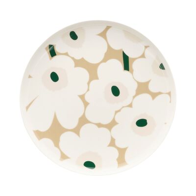 Marimekko Unikko Oiva middagstallrik 25 cm, vit/beige/sand/mörkgrön