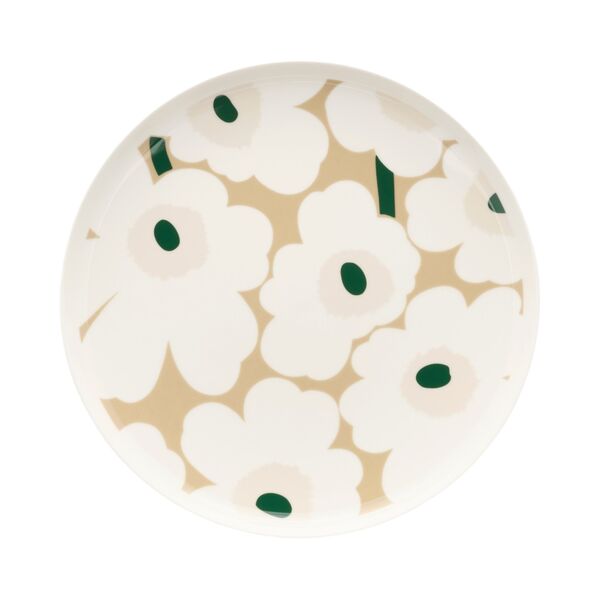 Marimekko Unikko Oiva middagstallrik 25 cm, vit/beige/sand/mörkgrön
