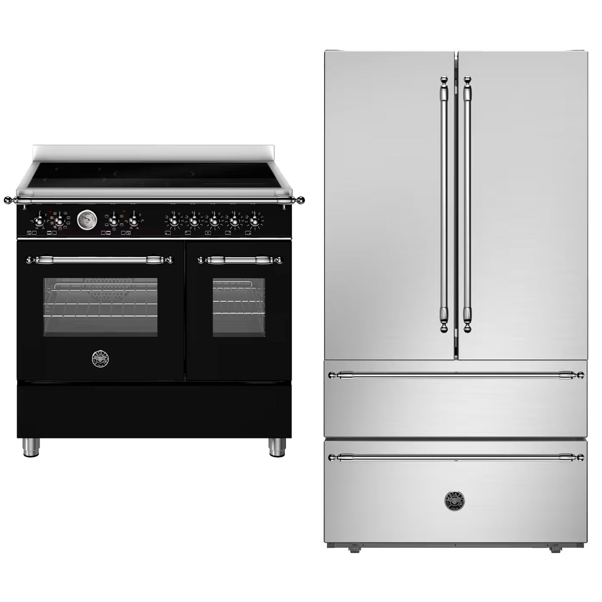 HER95I2ENEC2 Heritage induktionsspis utan dekorram 90 cm & REF904FFNXTC Heritage Side-by-side kyl/frys + ismaskin, mattsvart/rostfritt stål