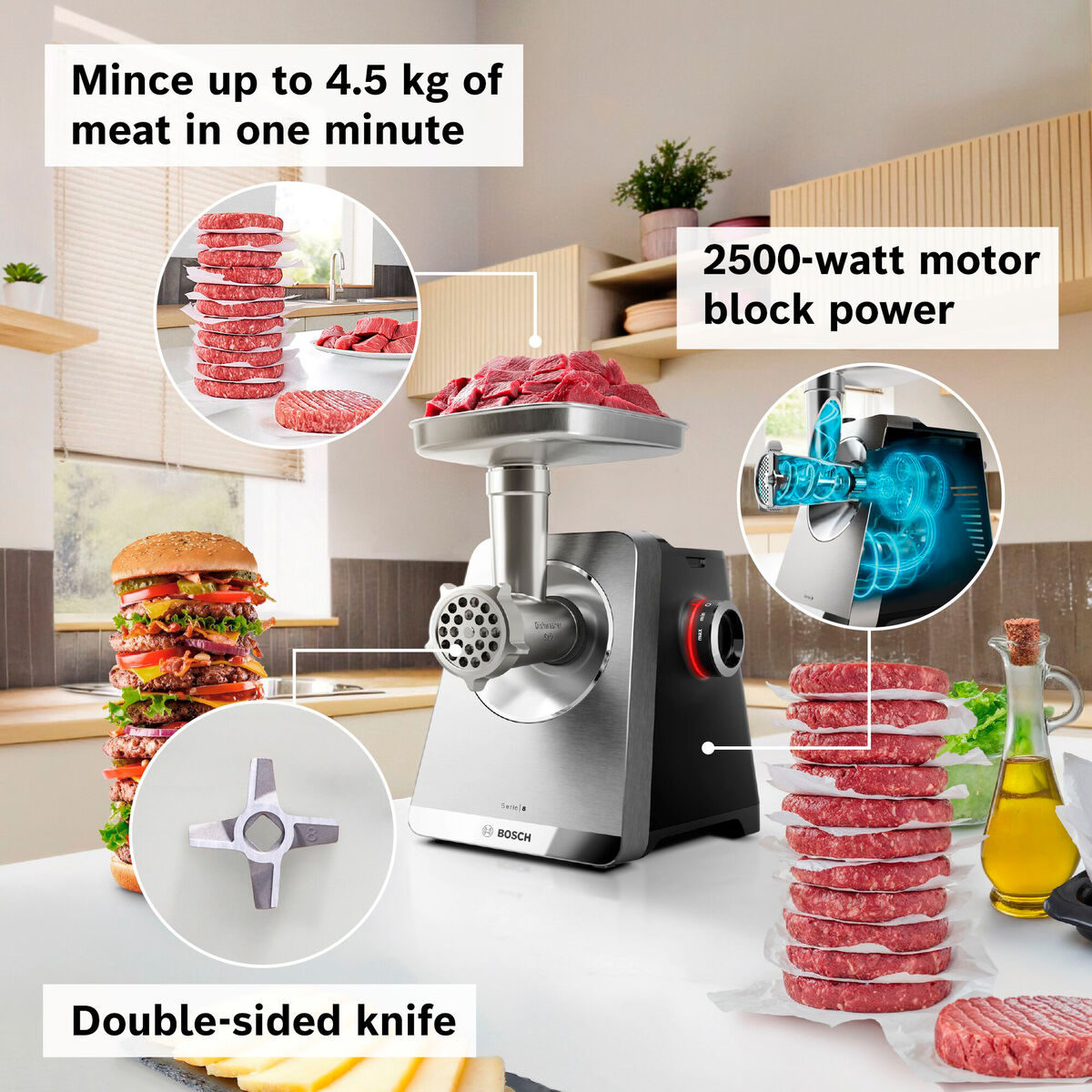Multipower Series 8 MFWS860M kødhakker med ekstra tilbehør, rustfrit stål