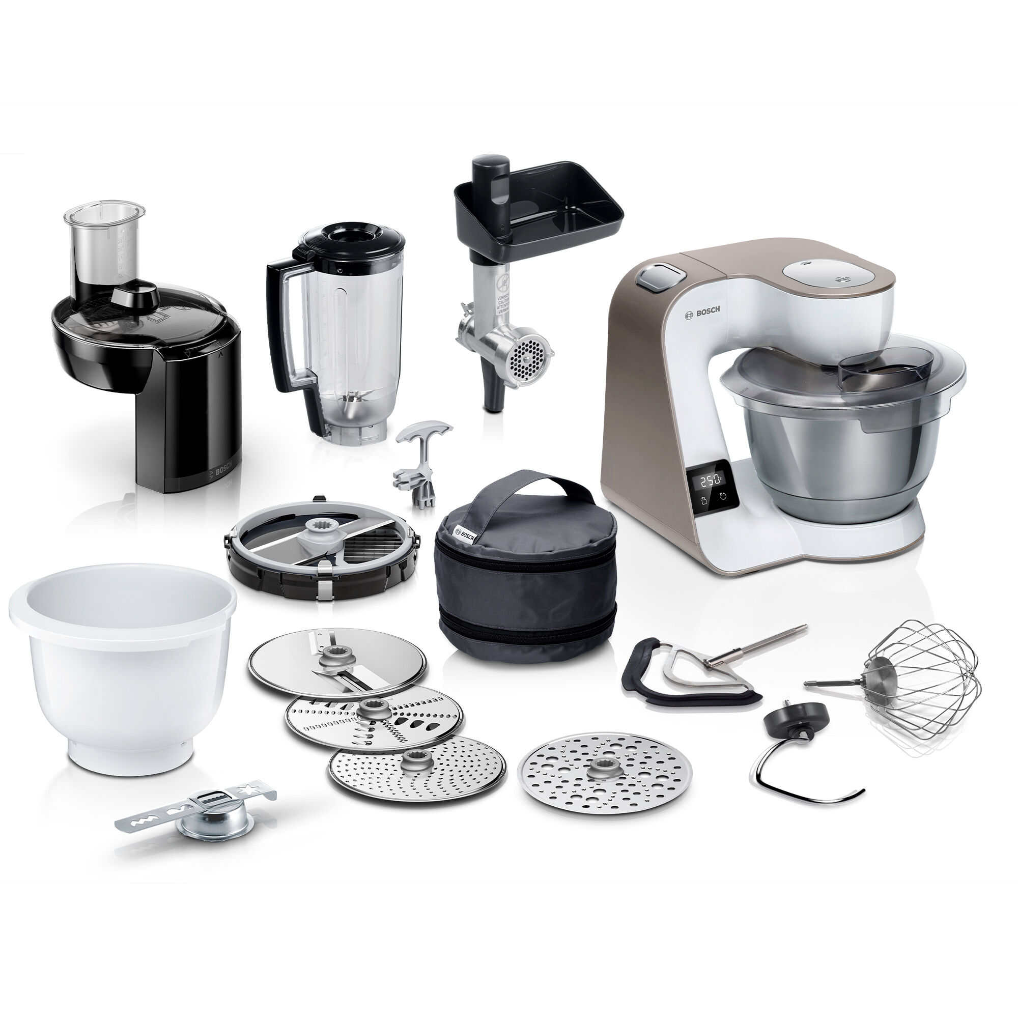 Bosch Serie 4 MUM5XL74 køkkenmaskine med vægt og ekstra tilbehør, hvid/champagne