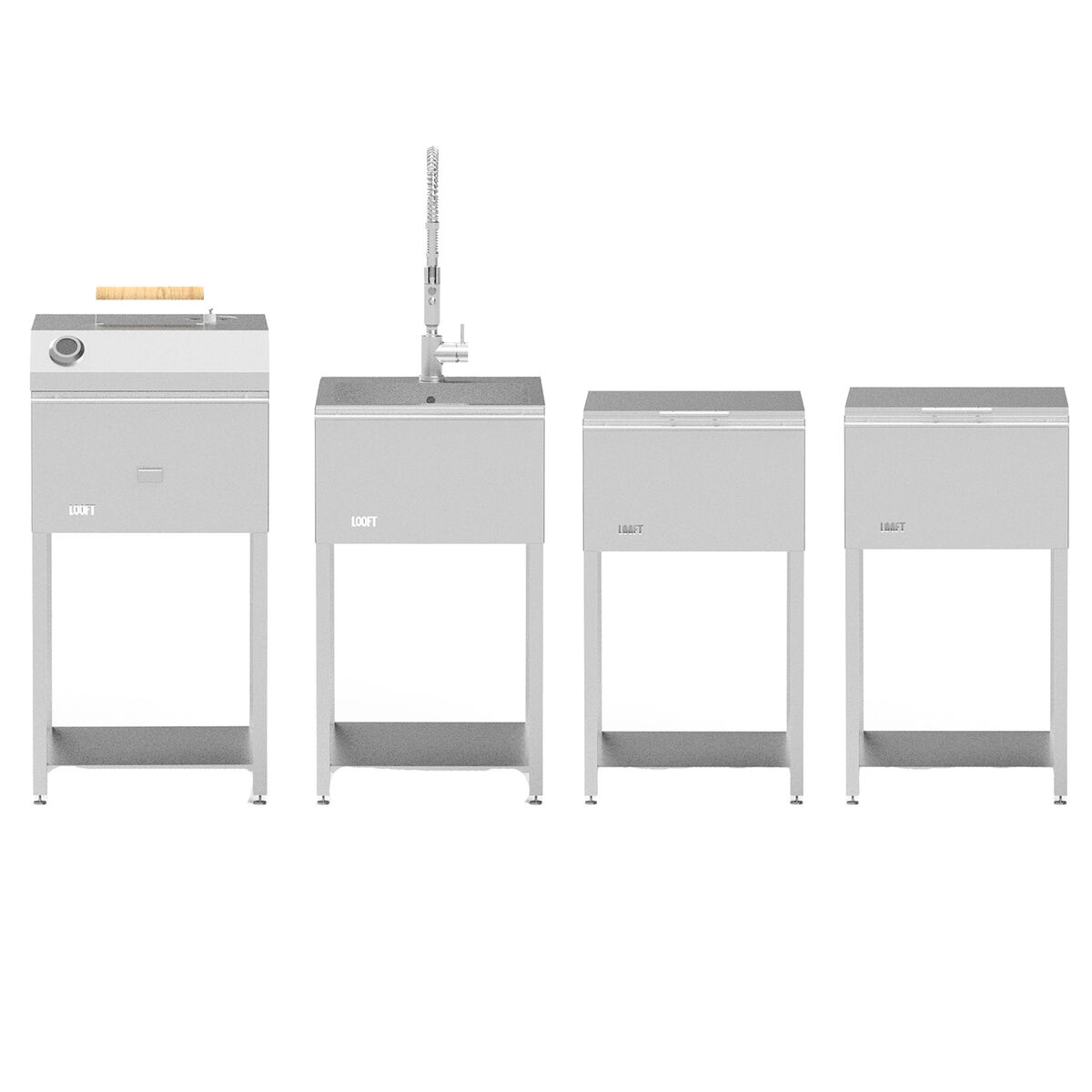 Looft Udekøkkenpakke C: kulgrill + 2 sideborde + vask, rustfrit stål
