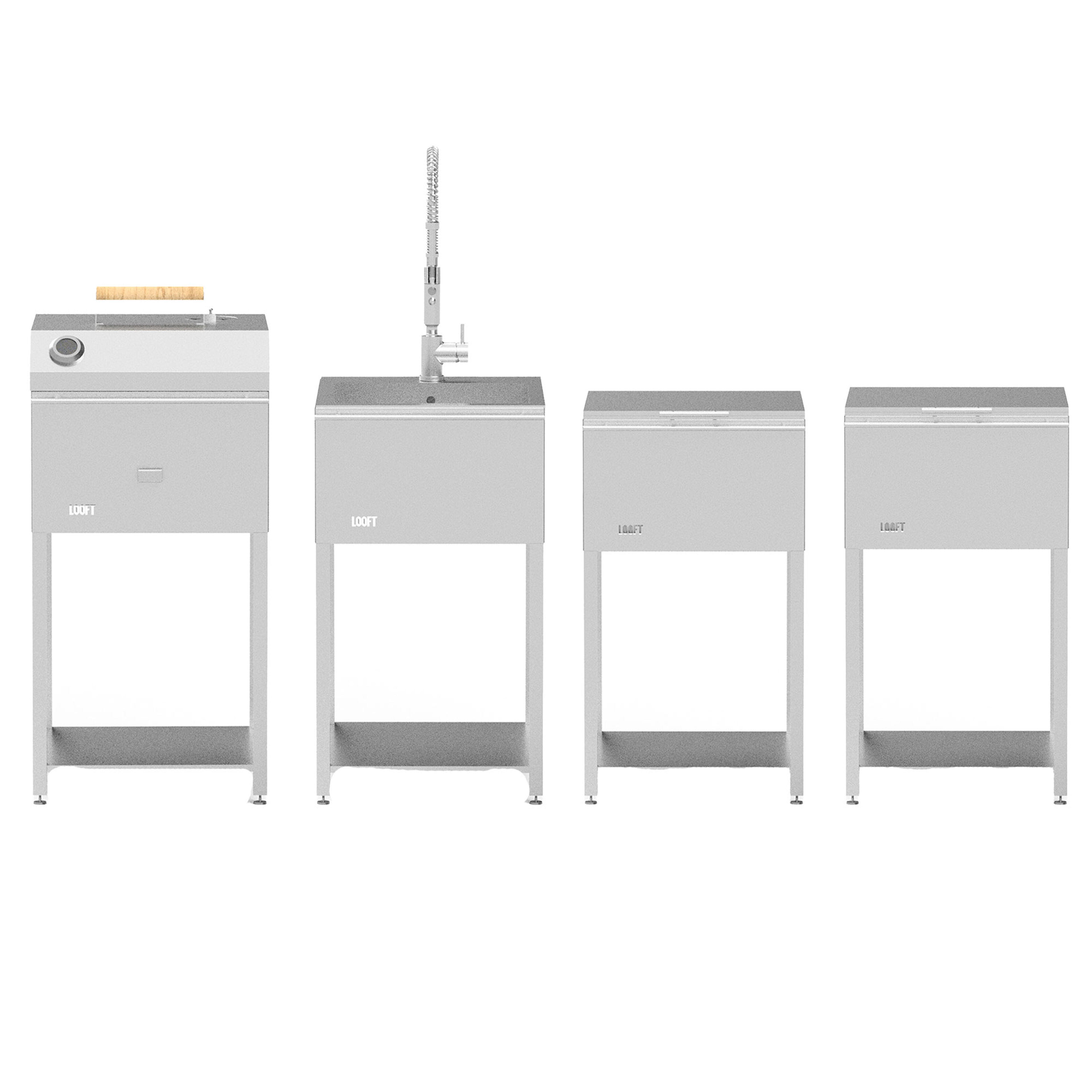 Looft Udekøkkenpakke C: kulgrill + 2 sideborde + vask, rustfrit stål
