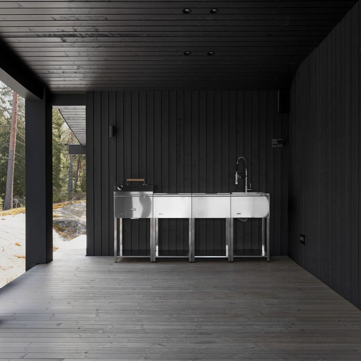 Looft Udekøkkenpakke C: kulgrill + 2 sideborde + vask, rustfrit stål