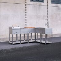 Utekjøkkenpakke L: kullgrill + 4 sidebord + vask, rustfritt stål