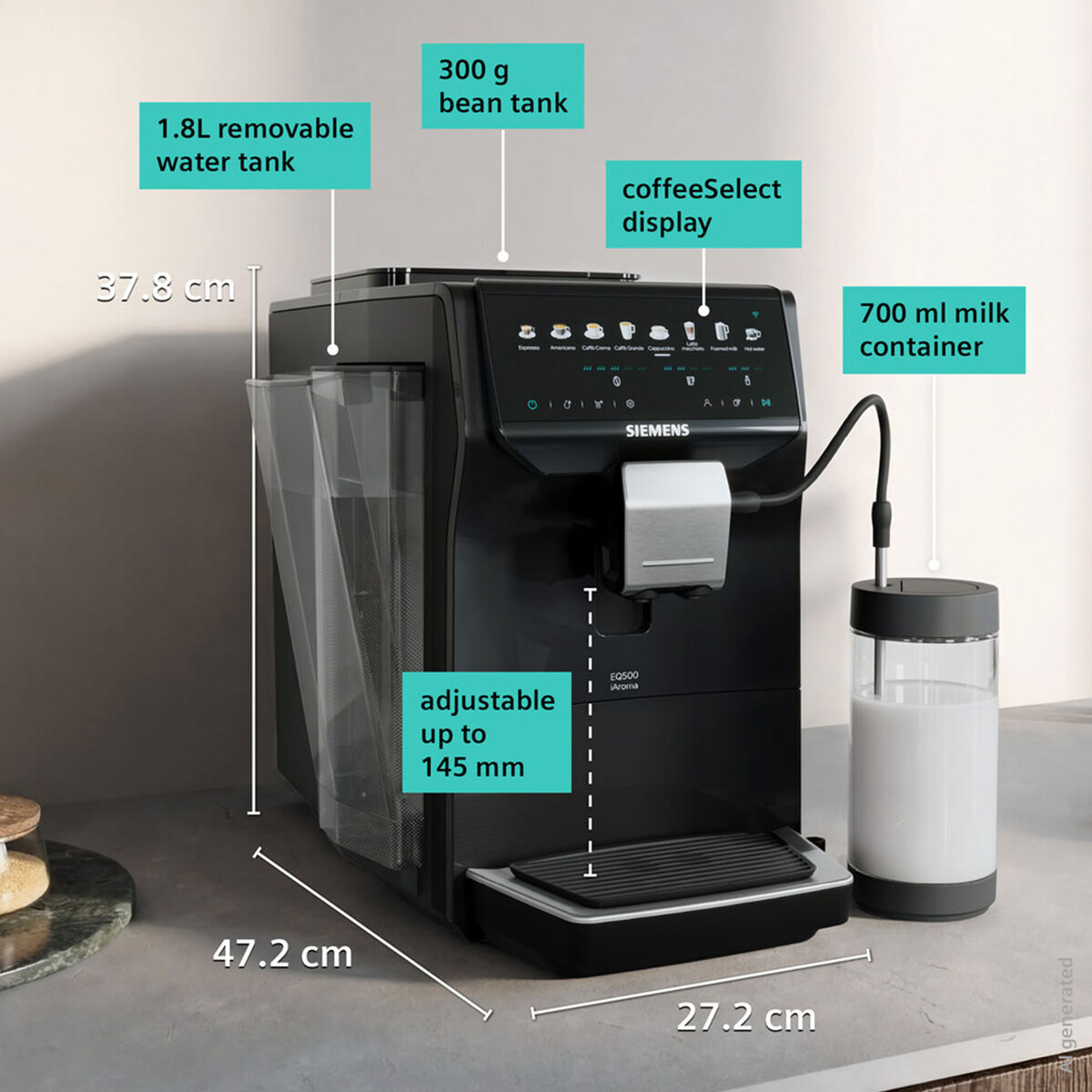 EQ500 iAroma TP555EM7 helautomatisk espressomaskin, svart
