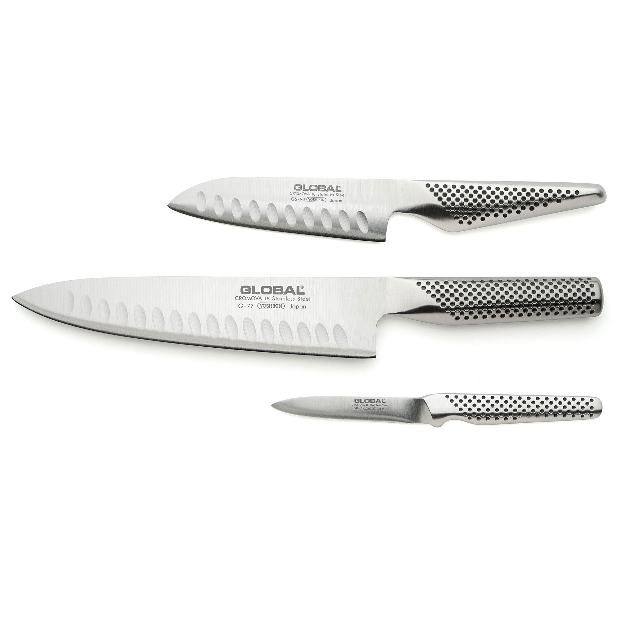 Global Knivset 3 delar (G-77 kockkniv, GS-90 santokukniv, GSF-15 skalkniv)