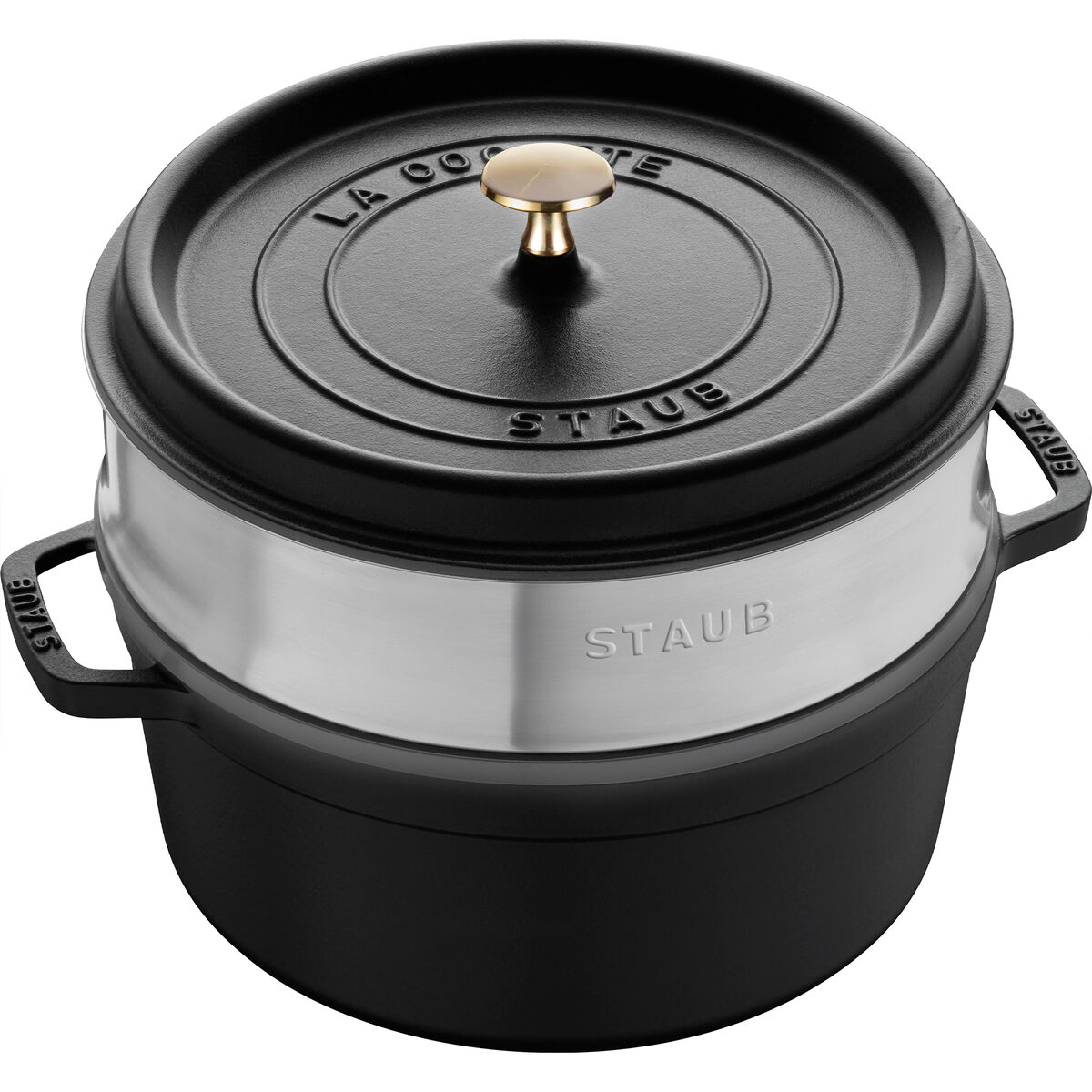 La Cocotte støpejernsgryte 26 cm med dampinnsats, svart