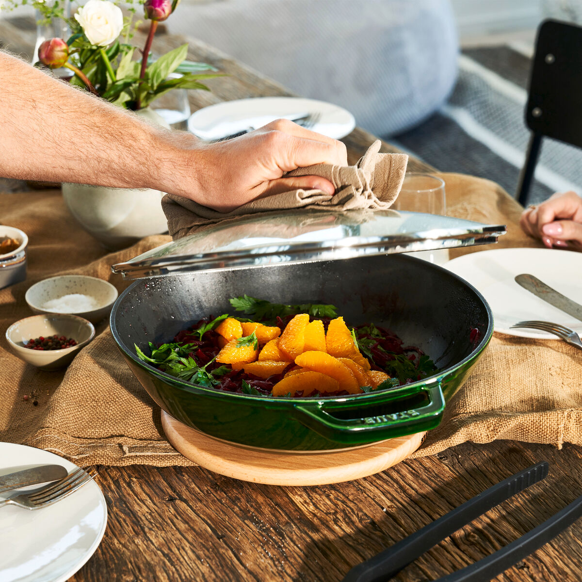 Wok med glaslock 30 cm, grön
