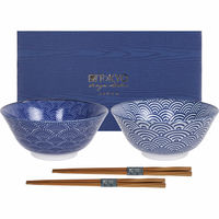 Nippon Blue skålset + ätpinnar, prickar/vågor