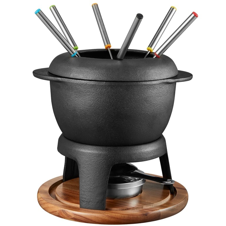 Fonda fondue støbejernsgryde m. akacietræplade