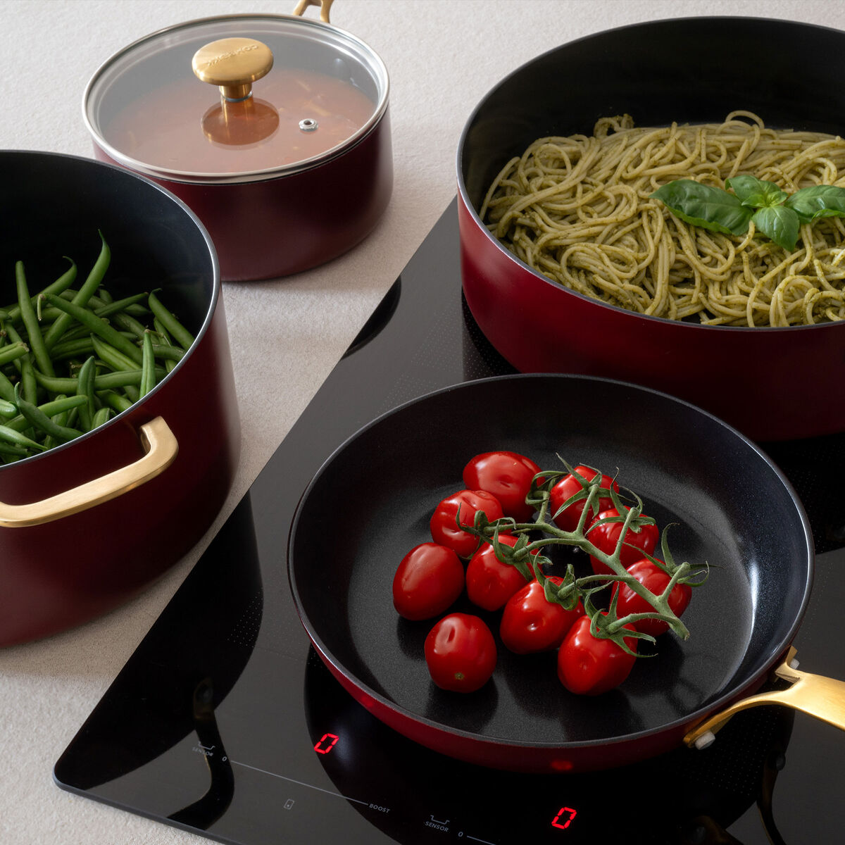 Combekk Stekepanne- og kasserollesett 4 deler, bordeaux