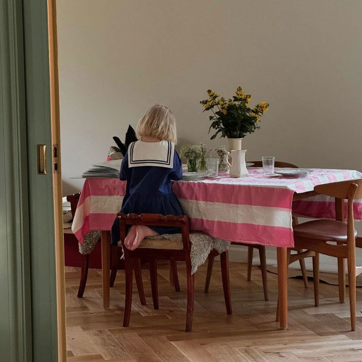 Gaia duk 145x145 cm, rosa/hvit