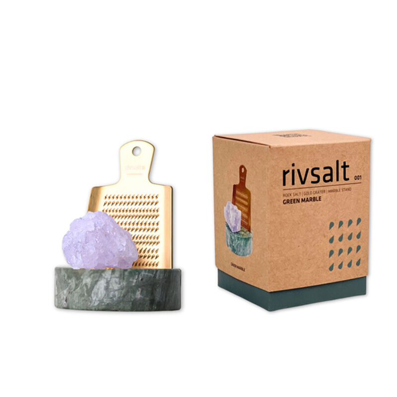 Rivsalt Sett med rivjern, blå saltstein og bordstativ i marmor