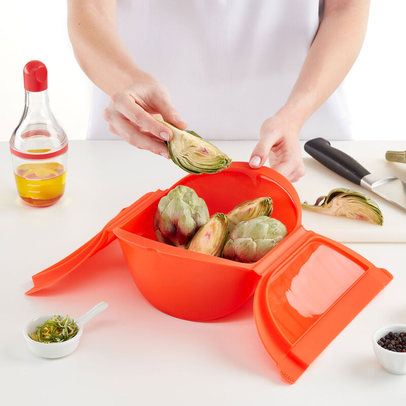 Dyb dampkoger med bageplade til mikroovn, rød