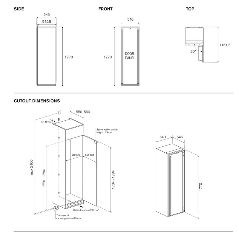 FRZ603UBNPTC/20 integrert fryser 177 cm