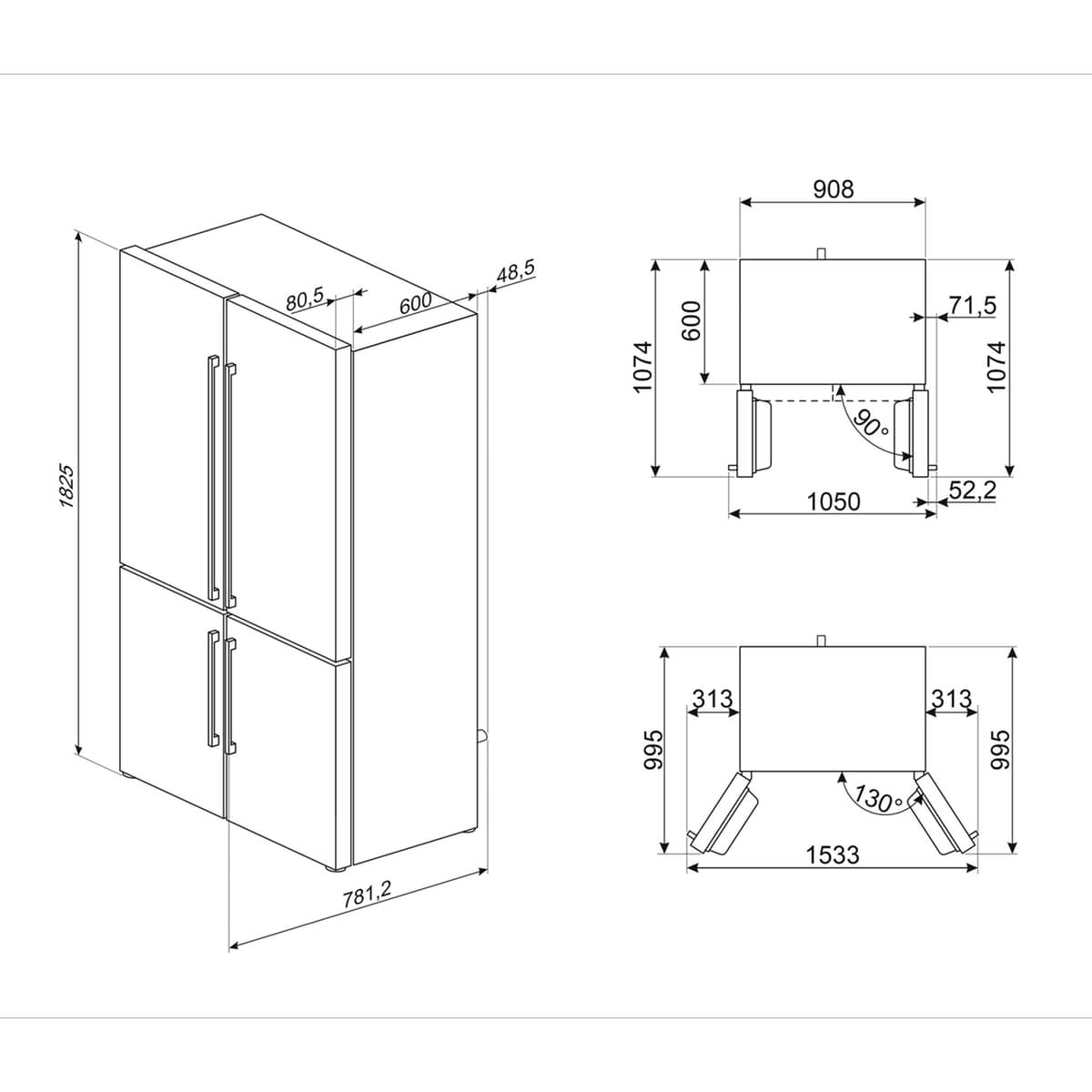 French Door jääkaappipakastin 92 cm, musta