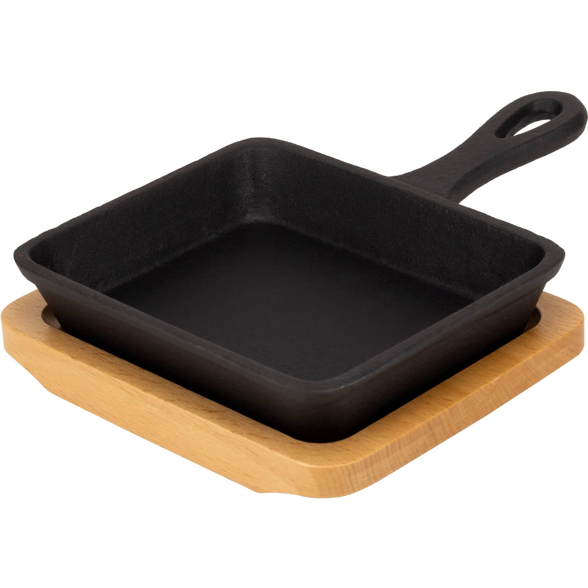 Serveringspanne i støpejern 12 cm, bordskåner i tre
