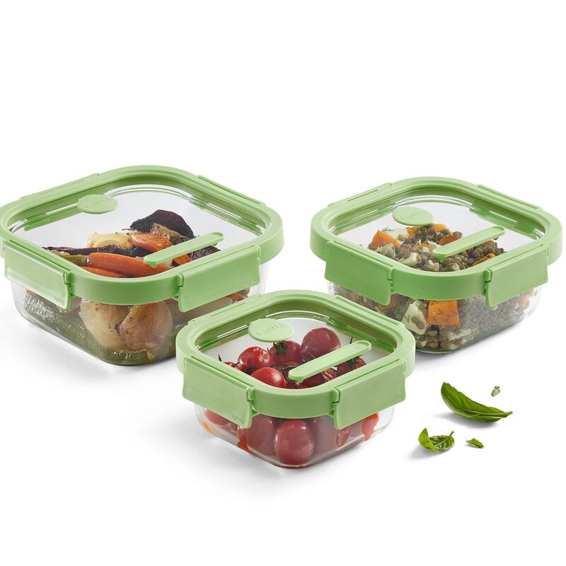 Kvadratisk matlåda 3-delar, glas/grön