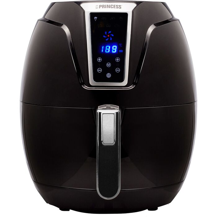 Høj, buet sort airfryer med blankt kabinet, sølvindfattet betjeningspanel med blåt display og en udtrækkelig skuffe med metalgreb, på hvid bund