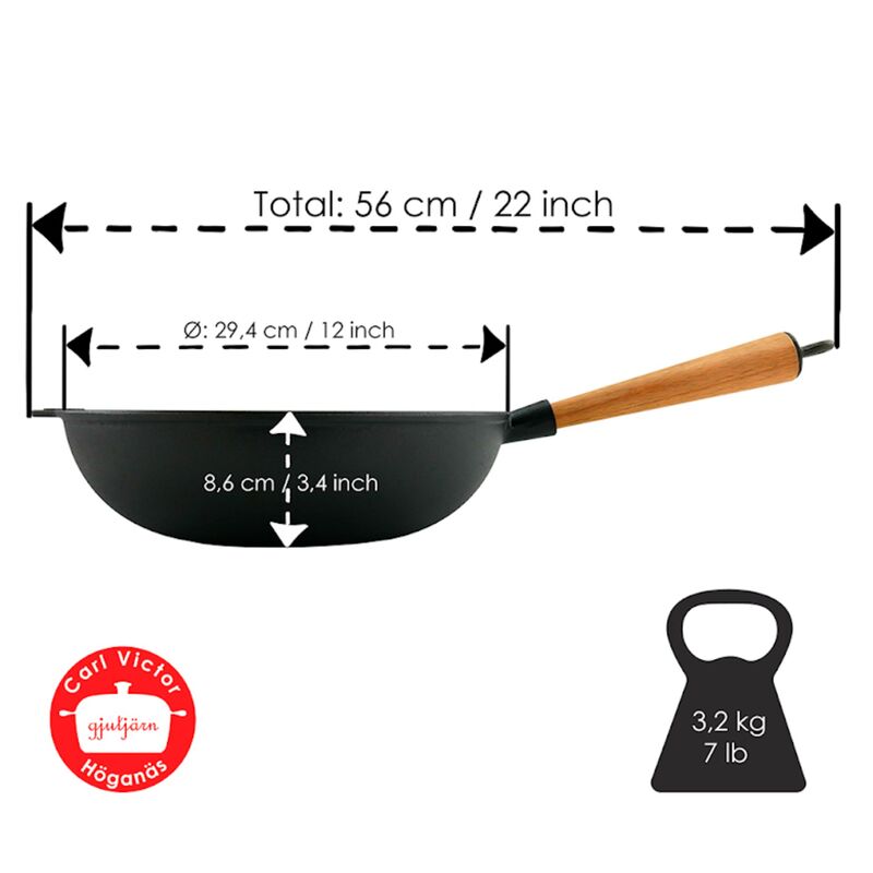 Gjutjärnswok 30 cm, handtag i bokträ