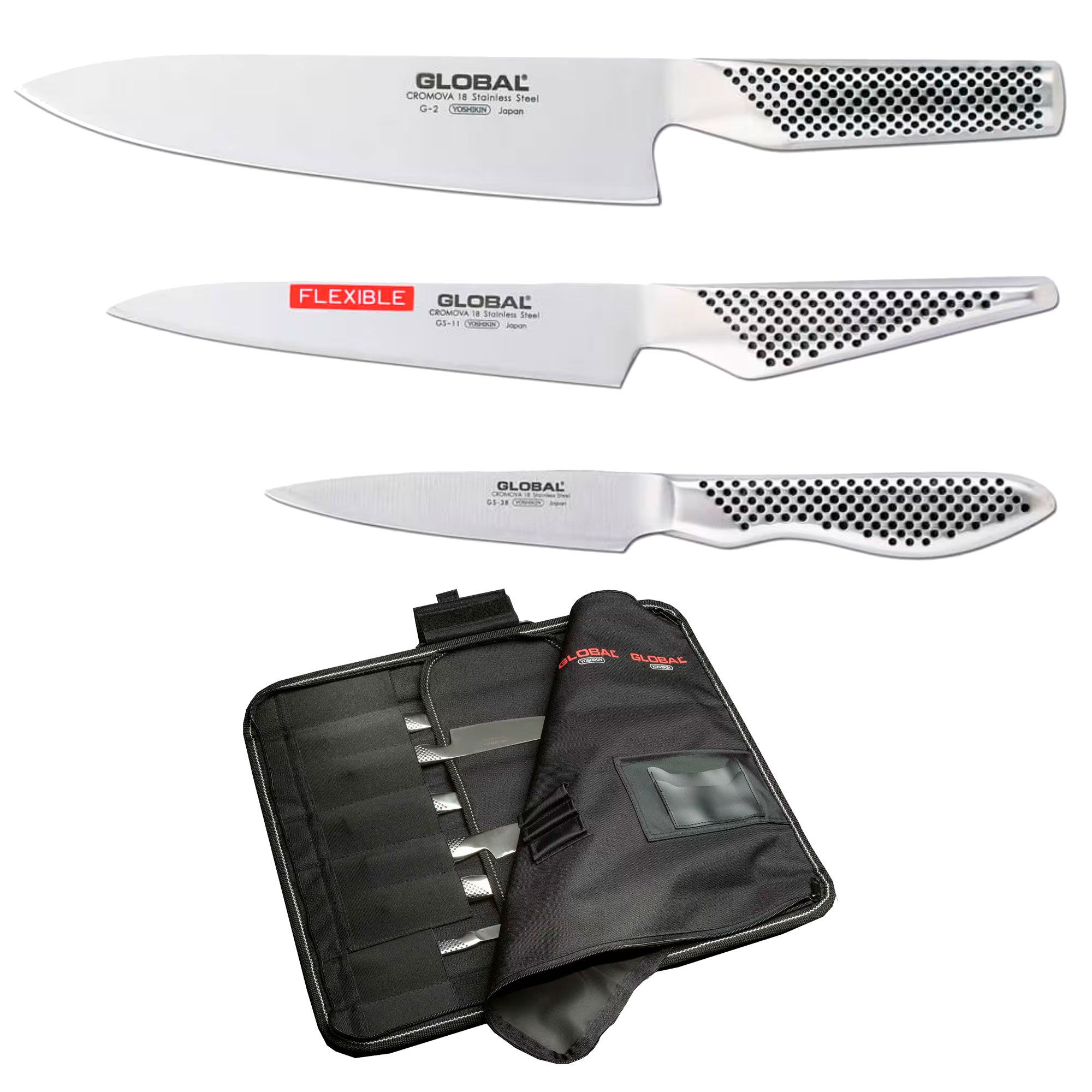 Global Knivset 3 delar + knivväska för 11 knivar