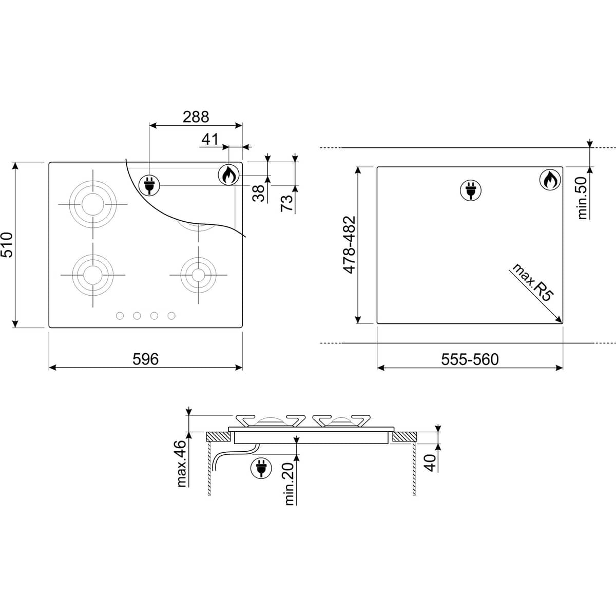 P64ES Piano Design Gaskogeplade, rustfrit stål, 60 cm