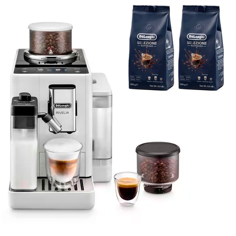 Delonghi Rivelia Helautomatisk kaffemaskine, hvid & 2 stk kaffebønner DLSC600