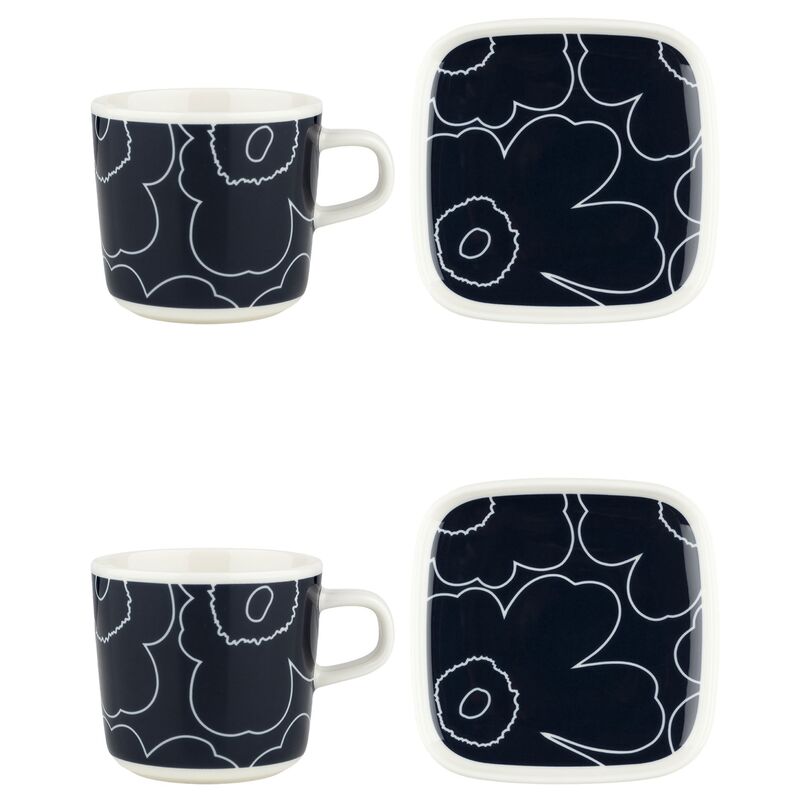 kaffekopp med fat 4-pack, blå/vit