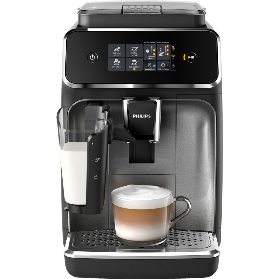 Philips fuldautomatisk espressomaskine med mælkebeholder og en færdig cappuccino i glas