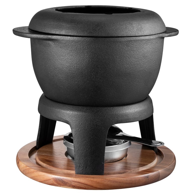 Fonda fondue støbejernsgryde m. akacietræplade
