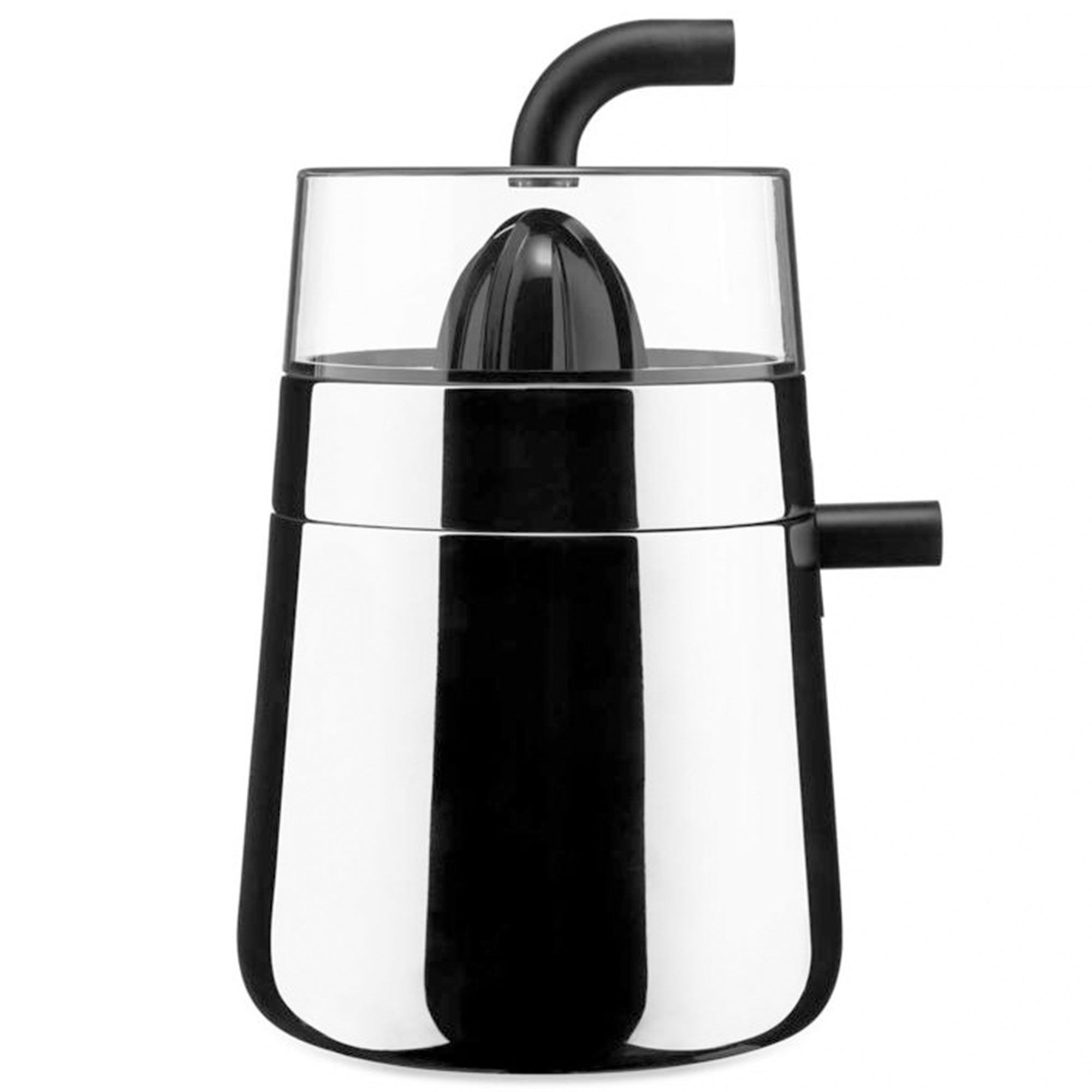 Alessi Toru elektrisk citruspresser i sort og rustfrit stål på køkkenbord