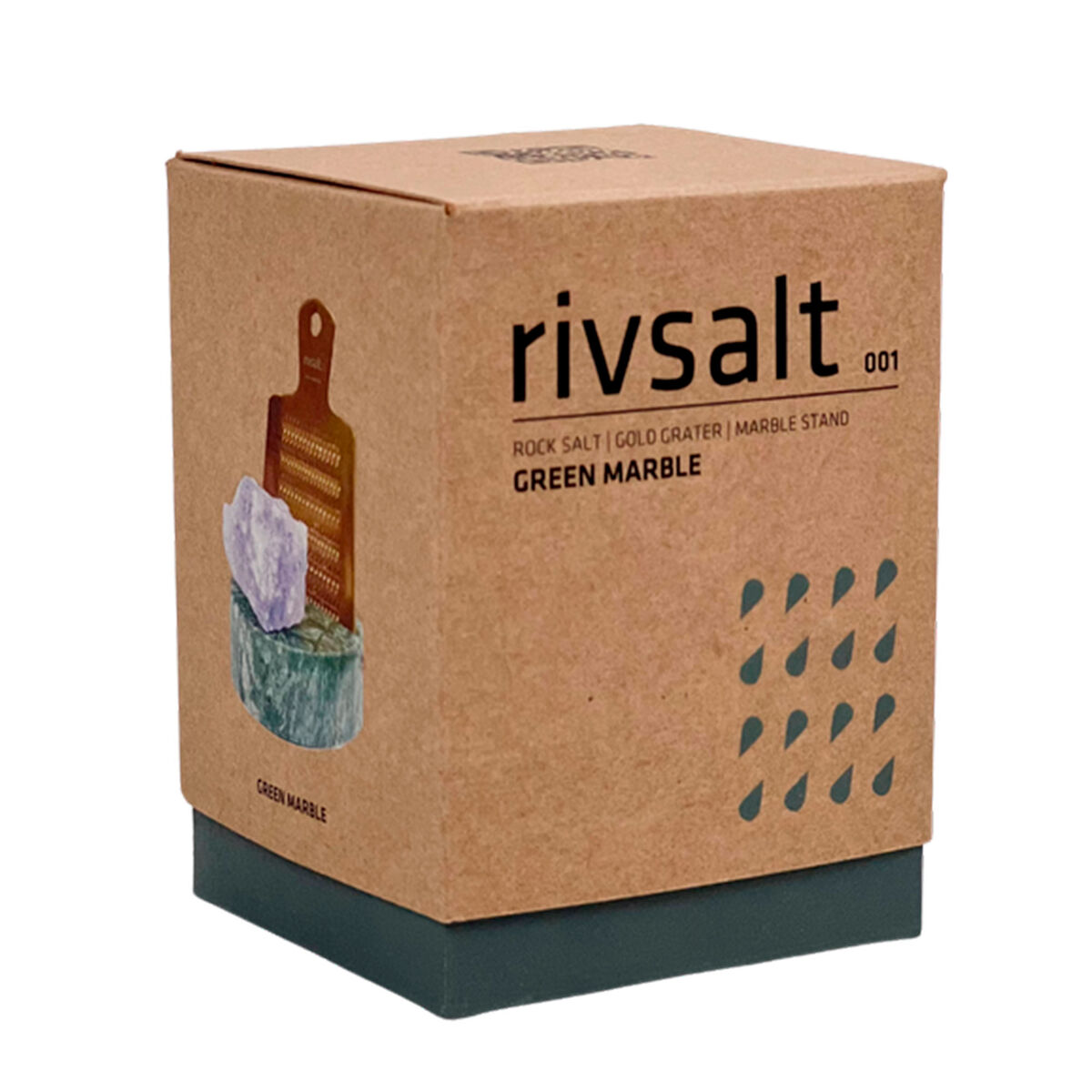 Rivsalt sæt med rivejern, blå saltsten og bordholder i marmor