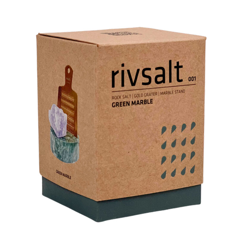 Rivsalt Sett med rivjern, blå saltstein og bordstativ i marmor