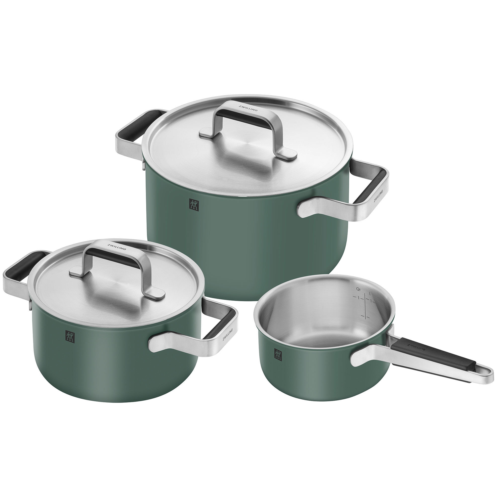 Pure grydesæt 3 dele + 2 låg, rustfrit stål, grøn