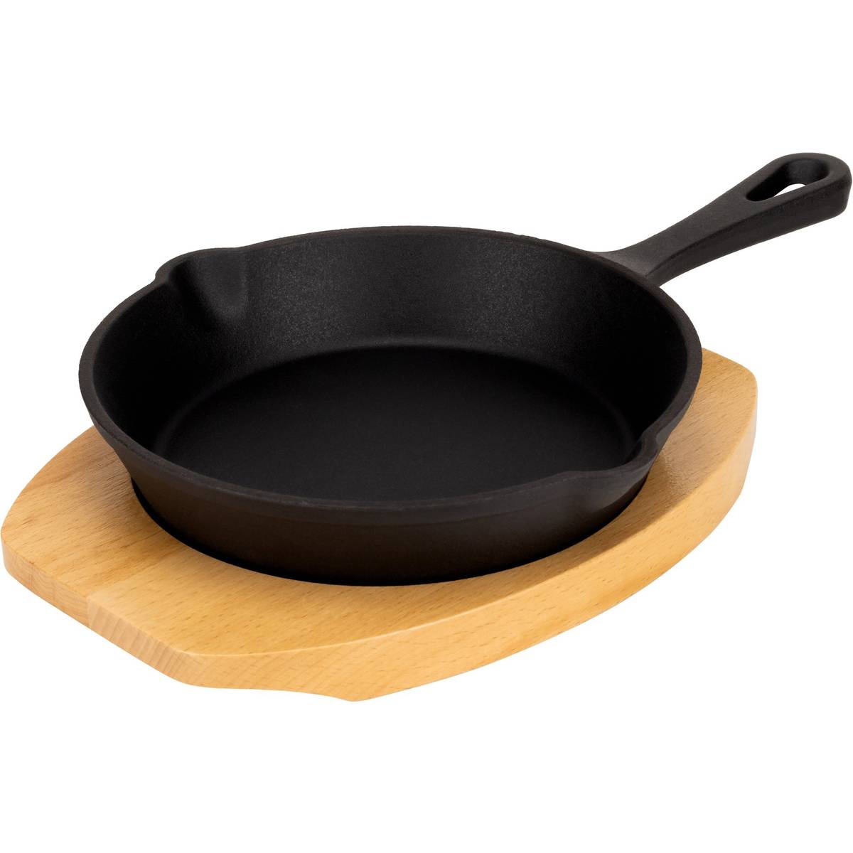 Serveringspanne i støpejern 16 cm, bordskåner i tre