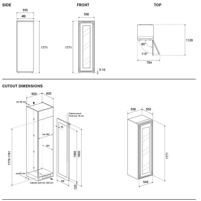 RWC177B4TPNP Integrerat vinskåp 177 x 56 cm, door-on-door