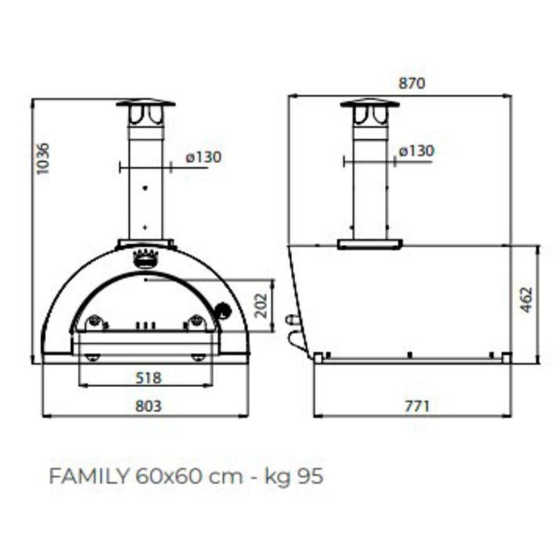 Family Brændefyret Pizzaovn 60x60 cm. Rustfrit stål