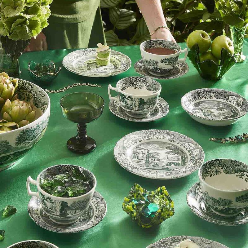 Heritage Green Italian frukostkopp + fat 28 cl, grön/vit