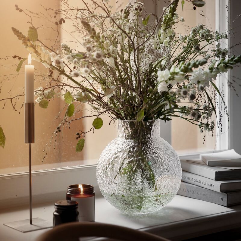 Pyöreä lasimaljakko, jossa kuvioitu rakenne, 22 cm