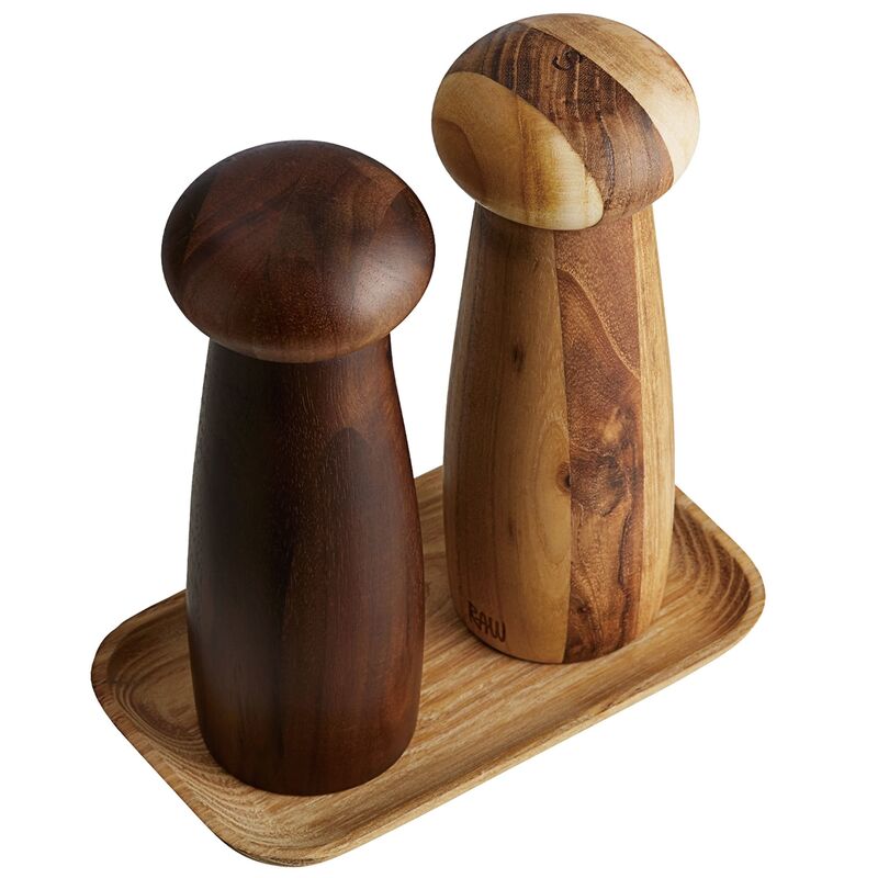 Raw kværnsæt + bakke, teak/mørkt træ