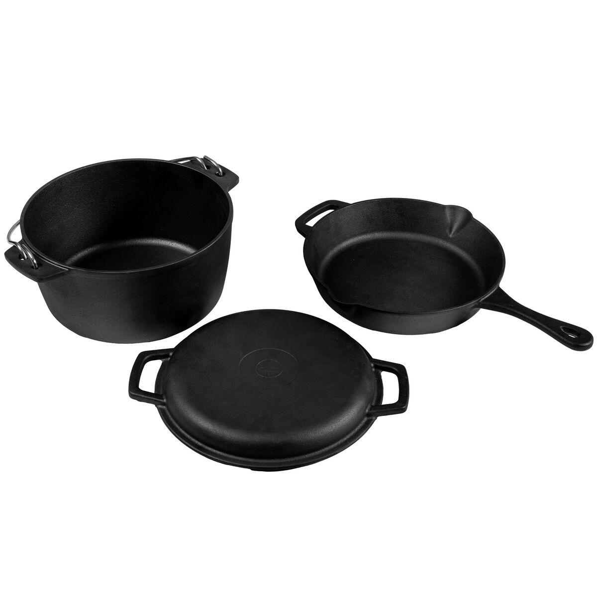 Støpejernssett, stekepanne + gryte + lokk