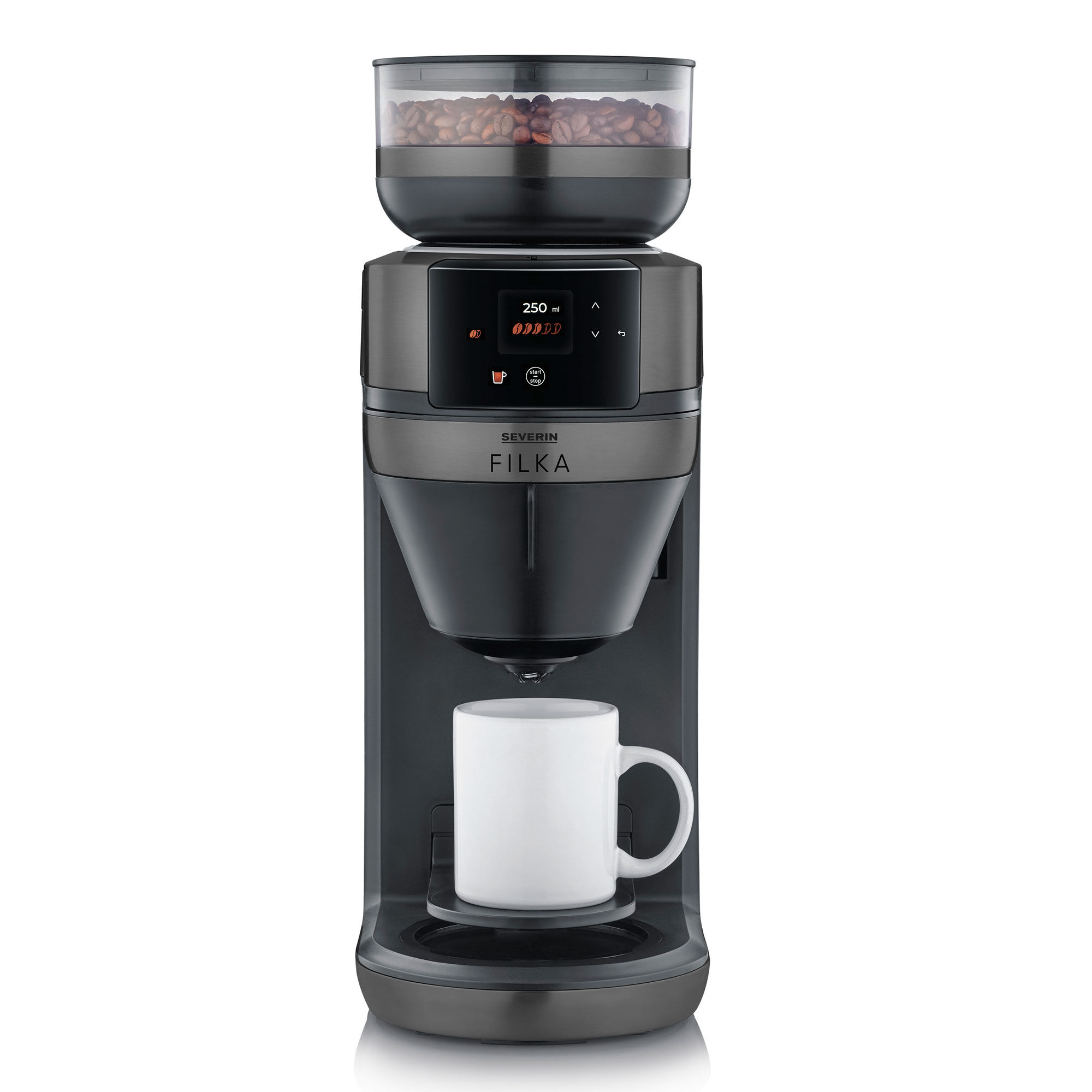 Severin FILKA kahvinkeitin lasikannulla, tumma metallipinta