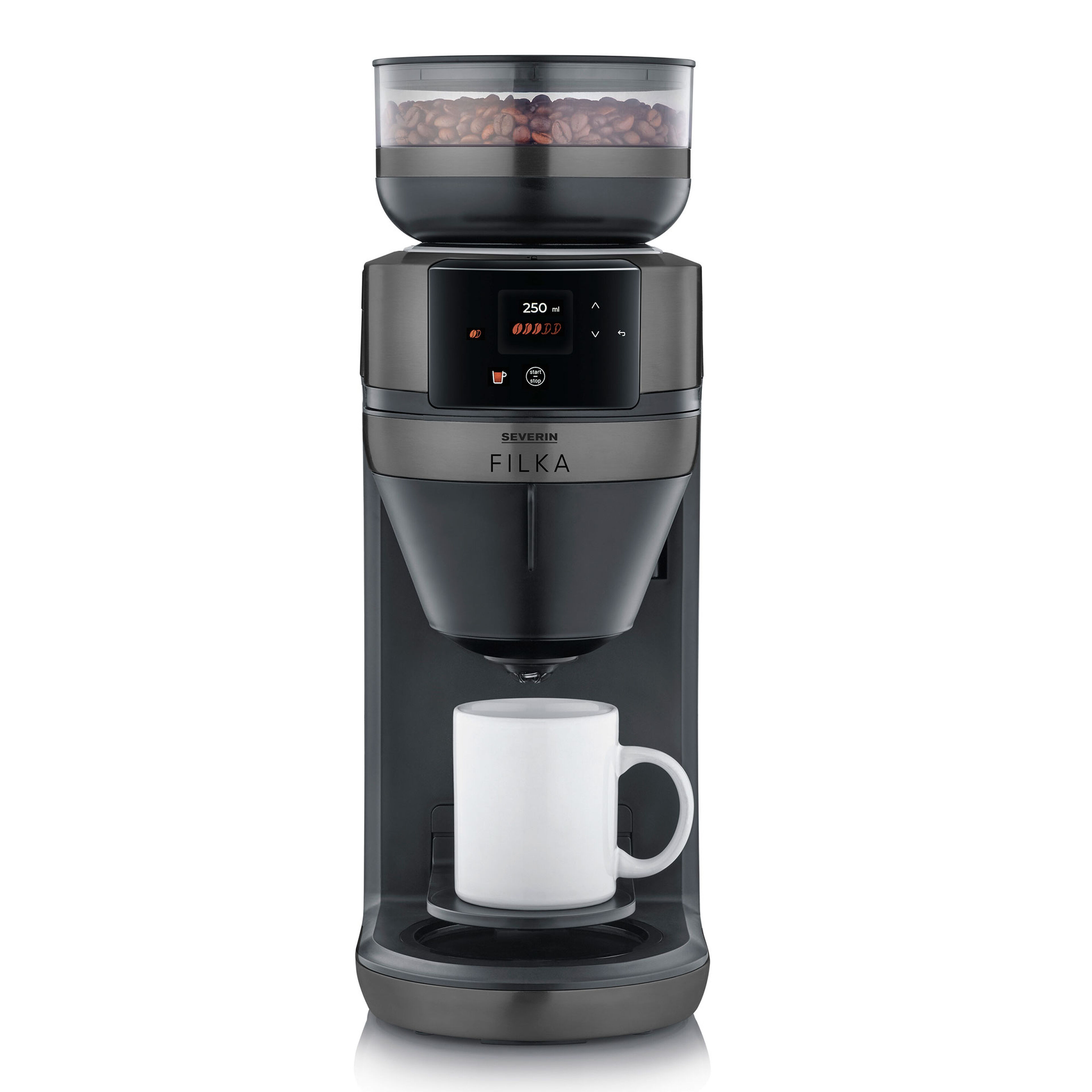 Severin FILKA kaffebryggare med glaskanna, mörk metallfinish