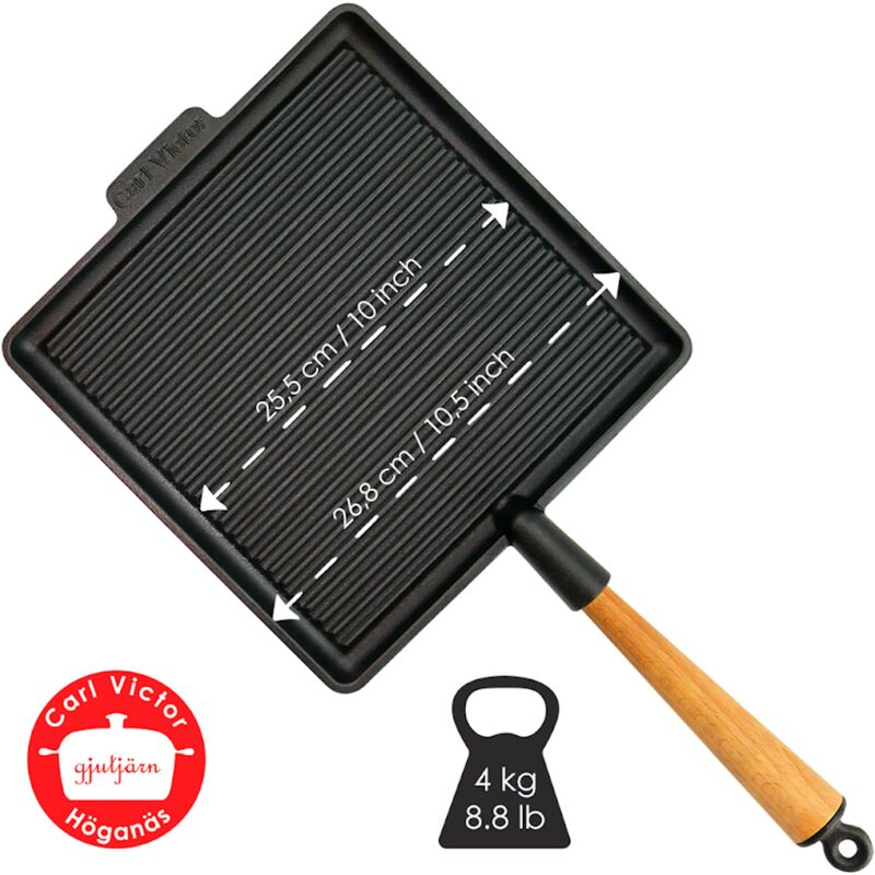 Firkantet støbejernsgrillpande 28, håndtag i bøg