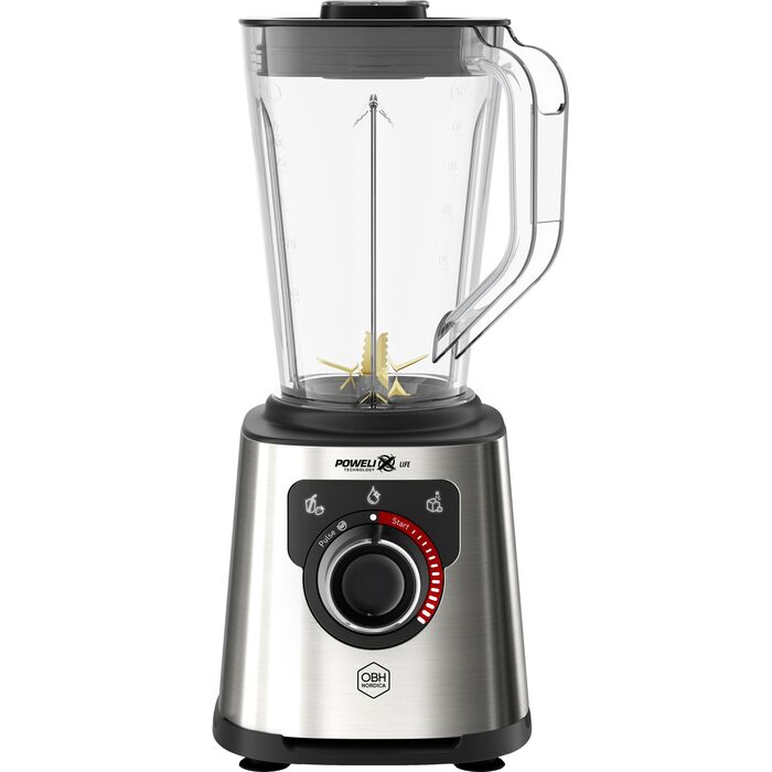 Blender med høj klar kande, mørkegråt låg og gyldne knive i bunden, sat på en børstet stålsokkel med stor drejeknap og rød skala, på hvid bund