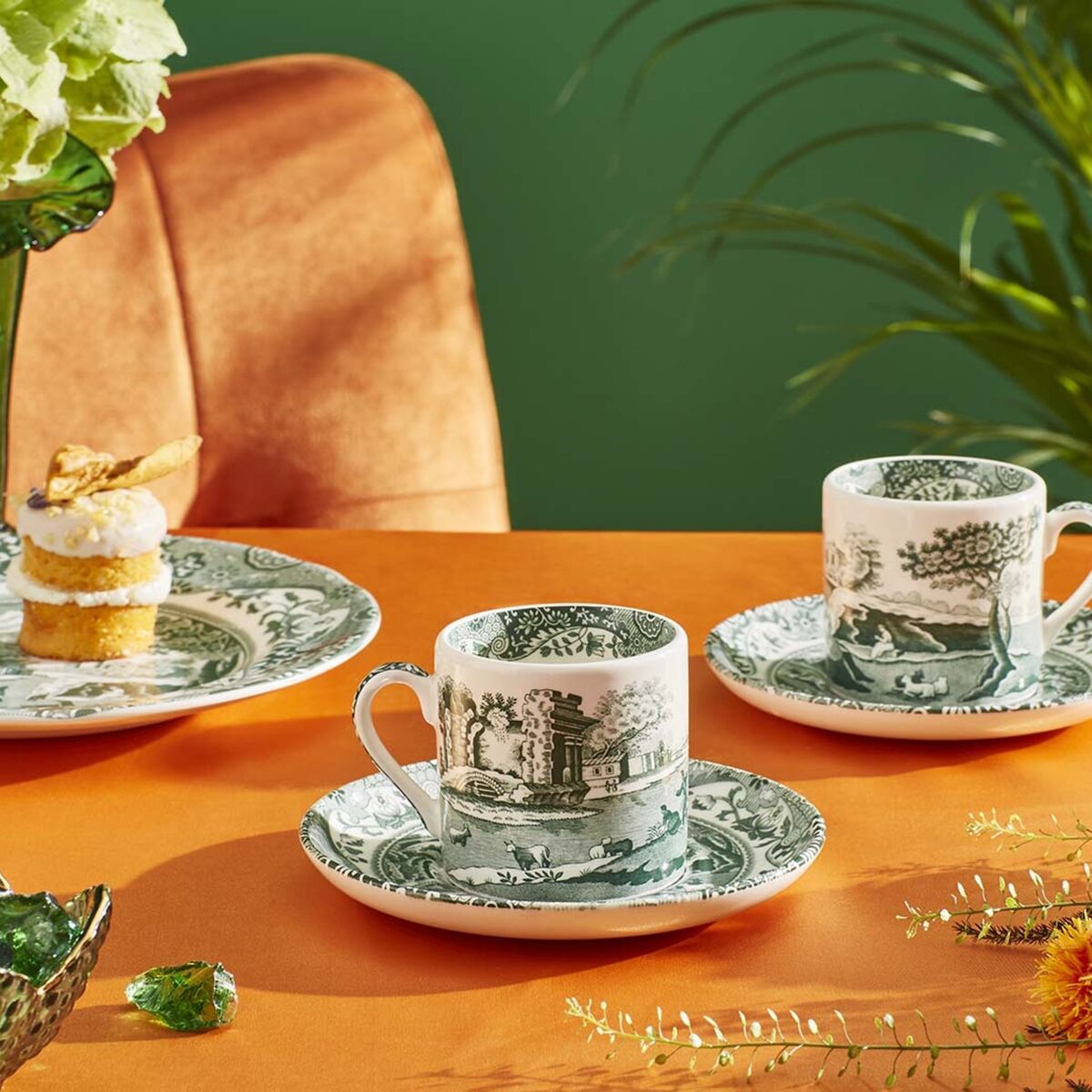 Heritage Green Italian -espressokuppi + aluslautanen 9 cl, vihreä/valkoinen