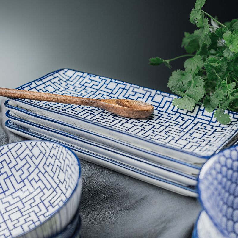 rektangulär tallrik 25x12 cm 4-pack, blå/vit