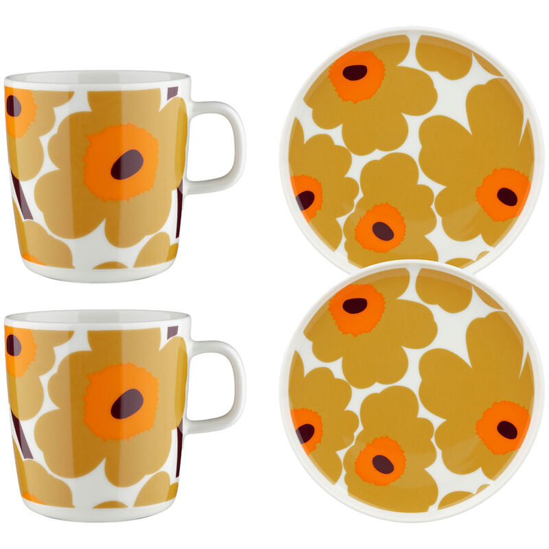 Marimekko Unikko frokostsett 4 deler, hvit/karamell/orange